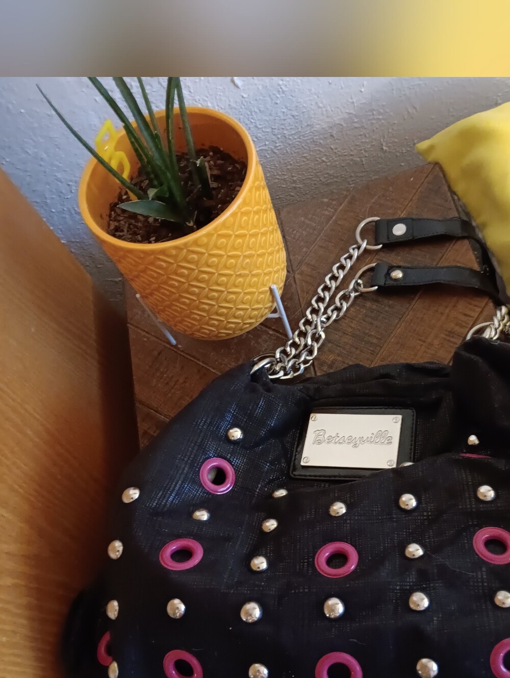 Betsey Johnson Black Shoulder Bag with Pink Eyelets and Silver Studs